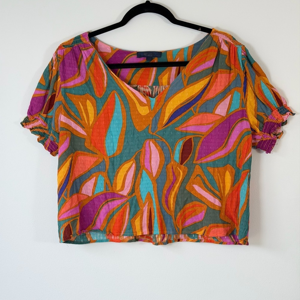 Rachel Roy Blouse Top Abstract Tropical Leaf Print Puff Sleeve Boho Festival L